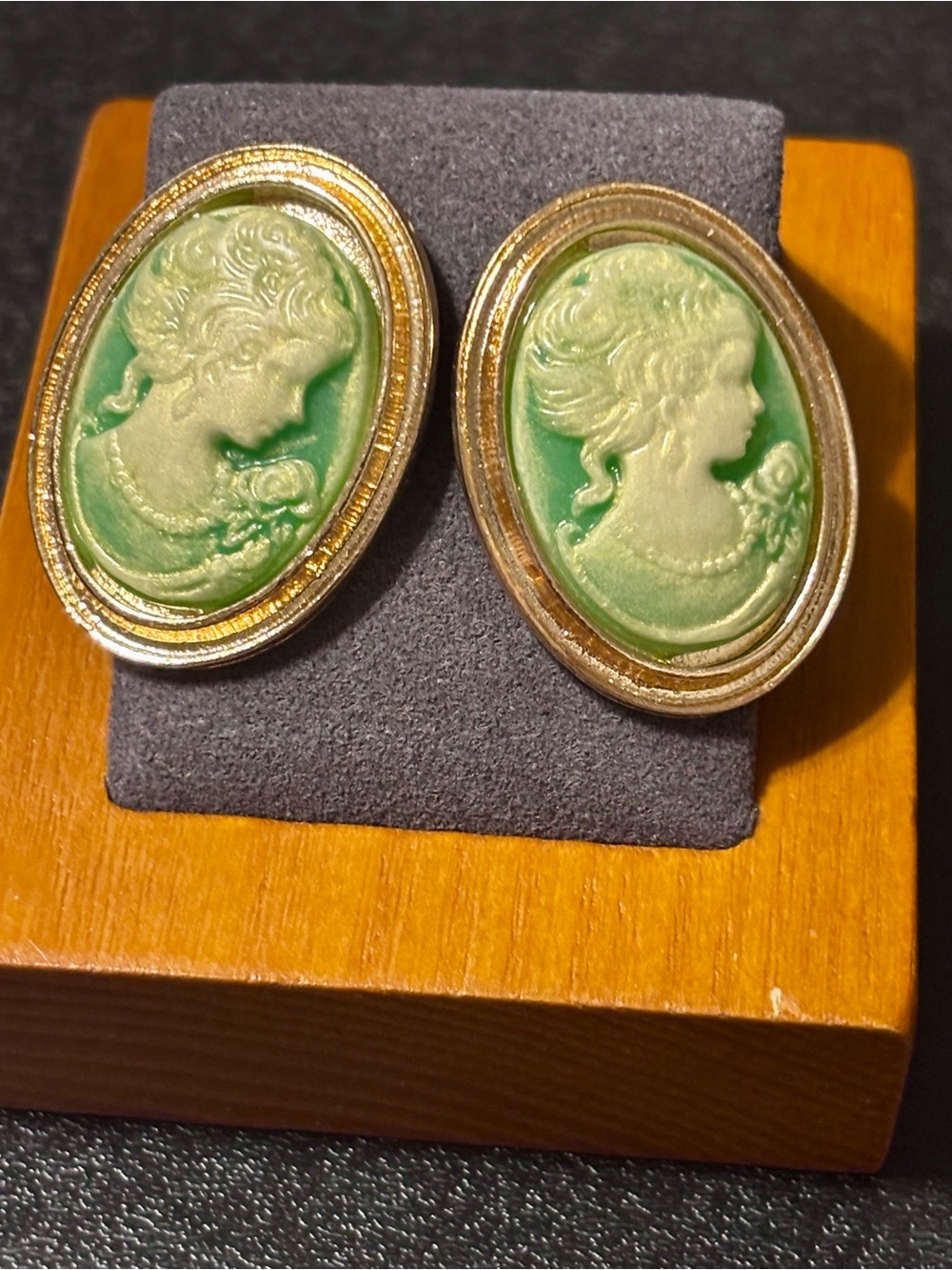 Vintage Resin Cameo Green And White Oval Earrings‎ with Gold Frame